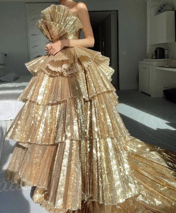 Luolandi Stylish Golden Tiered Ball Gown Long Evening Party Dress Off Shoulder Prom Dresses Charming